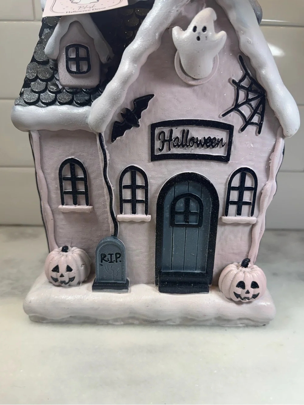 Mystic Blush Glitter Pink Haunted Gingerbread House Halloween Decor Glitter NEW